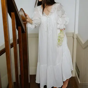 Женская ночная рубашка, романтическое хлопковое платье, винтажное платье принцессы, пижамы для девочек, белая светло-голубая ночная рубашка в средневековом ретро-стиле
