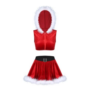 Женская рождественская униформа миссис Санта Клаус, фигуристка для косплея, Бархатный укороченный топ без рукавов с отделкой из перьев, мини-юбки с рюшами