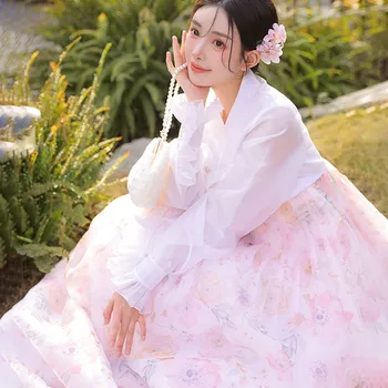 Женская Традиционная Корейская Одежда Ханбок 2023 Лето Новый Розовый Принт Газовый Корт Ханбок Свадебное Платье Косплей Праздничное Представление