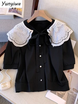 Женские блузки, рубашки на пуговицах с воротником Питер Пэн, топы с короткими рукавами, черные летние французские винтажные.