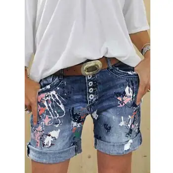 Женские джинсовые шорты с высокой талией, свободные джинсовые шорты с принтом на нескольких пуговицах, завитые горячие брюки, женские уличные джинсовые шорты 2023 w644