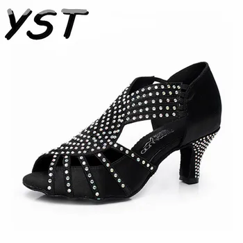 Женские туфли для бальных и латиноамериканских танцев, черные женские туфли для занятий сальсой со стразами, обувь для вечеринок на каблуке 6 см 7 см.