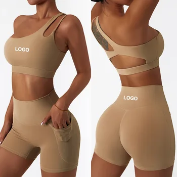 Женский короткий комплект с логотипом на заказ на одно плечо, спортивная и фитнес-одежда для йоги, леггинсы для йоги, короткий комплект для женщин с карманом
