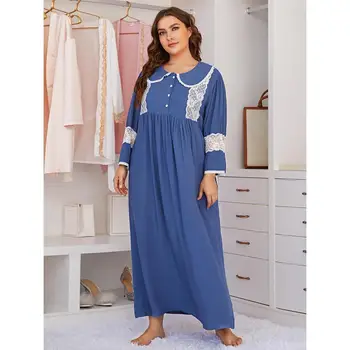 Женское пижамное платье большого размера свободного кроя с летним кружевным подолом можно носить как верхнюю одежду для домашней носки пижамы