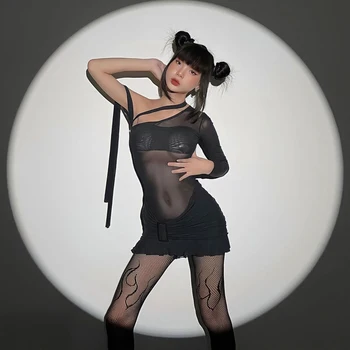 Женское Сексуальное облегающее мини-платье на бретелях с пряжкой на одно плечо, без рукавов, с пряжкой спереди, Клубное сетчатое прозрачное платье с запахом, одежда