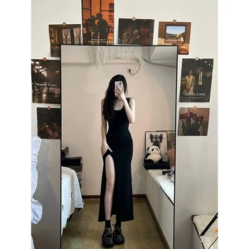 Женское черное платье без рукавов в Корейском модном стиле с боковым разрезом неправильной формы до середины икры, сексуальное платье-футляр, Элегантное, Шикарное Летнее