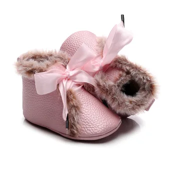 Зимняя хлопчатобумажная обувь для девочек, нескользящая обувь для малышей на мягкой подошве, модная обувь принцессы, сапоги с бантом для девочек