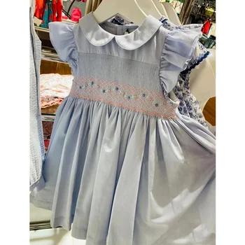 Испанское летнее платье 2023 года для маленьких девочек, голубые платья с ручной вышивкой, детские дизайнерские платья-халатики от бутиков