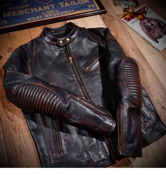 качество 2023 новый элитный бренд real Classic Motor Biker Роскошная куртка из натуральной кожи.Ретро пальто из конской кожи с коричневой чайной сердцевиной.Мужской винтажный бренд