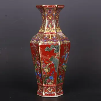 Китайский Фарфор с красной эмалью Цин Цяньлун Цветы Птицы Дизайнерская Ваза 10,12 дюйма