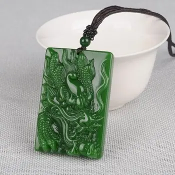 Китайское ожерелье с драконом ручной работы из натурального зеленого нефрита 6208
