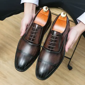Классические мужские модельные туфли с острым носком, мужские кожаные черные свадебные туфли-оксфорды, вечерние туфли черного / коричневого цвета, мода B265