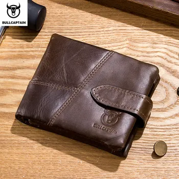 Кожаный бумажник BULLCAPTAIN, мужской RFID-держатель для карт, кошелек для монет, мужской короткий кошелек на молнии, Модный мужской кошелек коричневого цвета