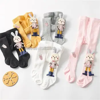 Колготки для маленьких девочек, мультяшные чулки с 3D кроликом, Милые колготки, хлопковые осенне-зимние брюки, вязаные носки, Брюки