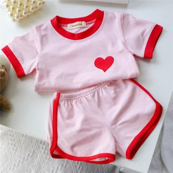 Комплект одежды для девочек 2023, летняя детская одежда, Розовая футболка с коротким рукавом и шорты, 2 предмета, повседневная одежда для девочек, повседневный костюм