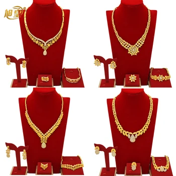 Комплект ювелирных изделий XUHUANG Африканского золотого цвета для новобрачных, Большое Нигерийское ожерелье и серьги, 4 шт., свадебные подарки из Индийского эфиопского хрусталя
