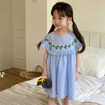 Корейские детские платья для летних девочек 2023 г., однотонное Простое платье принцессы с вышивкой, Хлопковое кружевное платье для маленьких девочек с коротким рукавом