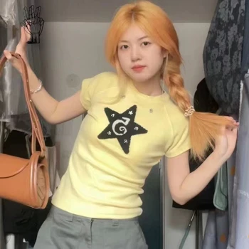 Корейские топы Y2k, приталенные футболки с вышивкой, летние женские повседневные футболки, модные укороченные топы, Корейская женская одежда