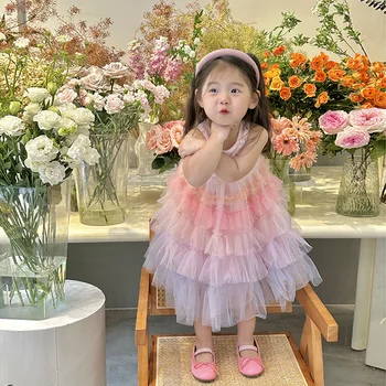Корейское радужное платье для маленьких девочек, летняя одежда без рукавов с блестками, модное праздничное платье принцессы с оборками.