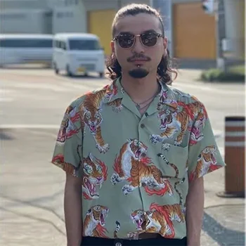 Короткая рубашка с принтом WACKO MARIA Flame Tiger, Высококачественная Мужская Женская повседневная рубашка в стиле хип-хоп, Гавайи, Пляж, Отдых на Море.
