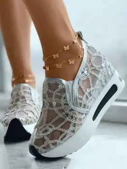 Кроссовки на платформе, женская летняя спортивная обувь, повседневная обувь с блестками, кроссовки для бега, кроссовки на скрытой танкетке, женские золотые кроссовки