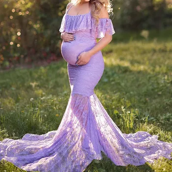 Кружевное однотонное платье для беременных, облегающее платье для беременных, рукава с оборками, V-образный вырез, длина хвоста, Длинное платье для фотосъемки, платье Vestido