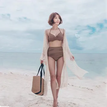 Кружевной кардиган для отдыха на море, свободное пляжное бикини большого размера, Длинная тонкая верхняя одежда, блузка с вырезом