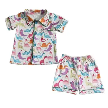 Летнее детское ночное белье с динозавром, Одежда оптом, пижамы на пуговицах для маленьких девочек и мальчиков, Комплект одежды, Шорты, Пижамная одежда для младенцев