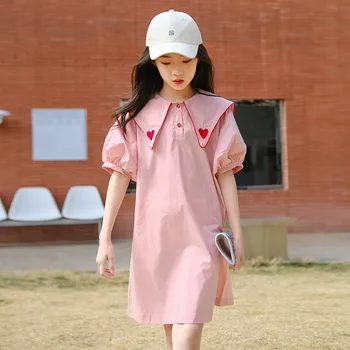 Летнее детское платье 8 10 12 лет, цельнокроеное платье, милые хлопковые розовые топы, повседневная одежда для подростков