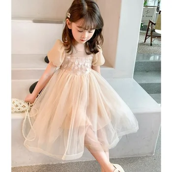 Летнее Новое сетчатое платье для девочек, детское платье с пышными рукавами во французском стиле, платья для вечеринки в честь Дня рождения принцессы, Милая одежда для маленьких девочек, Vestidos