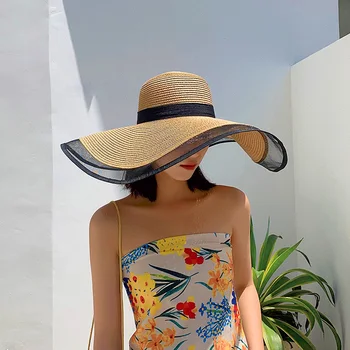 Летние женские Складные соломенные шляпы с защитой от ультрафиолета, Пляжная шляпа для путешествий, однотонная сетчатая панель, Солнцезащитная кепка с широкими полями, Элегантная женская кепка