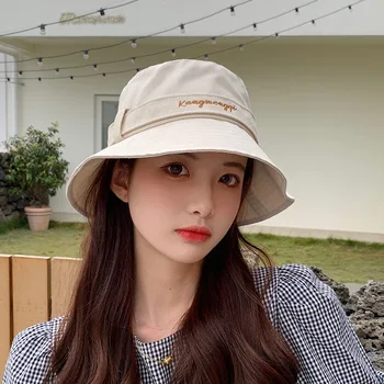 Летние Женские шляпы-ведра с вышитыми буквами, Корейские Универсальные Солнцезащитные кепки, Японская шляпа от солнца, шляпа рыбака для пикника