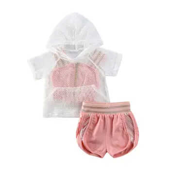 Летние комплекты одежды для маленьких девочек, сетчатые толстовки, топы, Розовый жилет, шорты с ремешком, спортивный костюм из 3 предметов