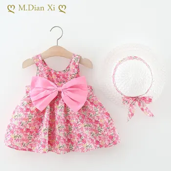 Летние платья для новорожденных из 2 предметов, наряды для маленьких девочек, Хлопковое Пляжное платье принцессы в Корейском стиле с милым цветком и коротким рукавом + Солнцезащитная шляпа