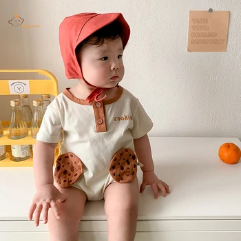 Летние Свободные комбинезоны с короткими рукавами для новорожденных девочек, милые комбинезоны с печеньем, одежда для младенцев в Корейском стиле