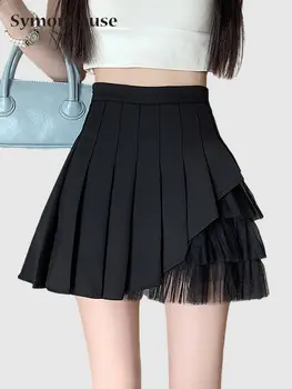 Летние черные сетчатые плиссированные юбки 2023, Женские юбки с высокой талией в корейском стиле, офисные женские универсальные Тонкие Короткие юбки трапециевидной формы для девочек