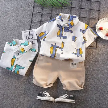 Летний детский комплект с динозавром для мальчиков, детская одежда, хлопковая рубашка с короткими рукавами для маленьких мальчиков, униформа, модный детский костюм для малышей