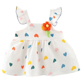 Летний наряд, платья для маленьких девочек, хлопковое платье без рукавов с милым пляжным принтом из корейского мультфильма, платье с цветами для малышей, одежда для новорожденных BC2392-1