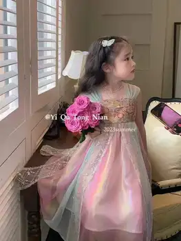 Летняя детская 2023 года, новая корейская версия платья принцессы для девочек среднего и маленького возраста, платье Hanfu в зарубежном стиле 100-140
