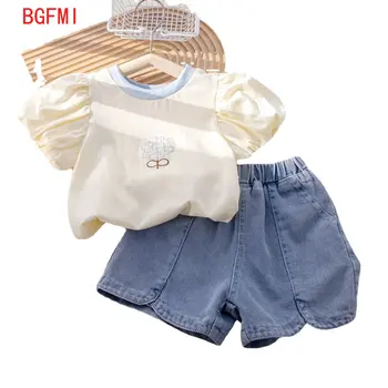 Летняя Корейская детская одежда, футболка с вышивкой для девочек-подростков, футболка с коротким рукавом + джинсовые шорты, 2 предмета, детская одежда для девочек