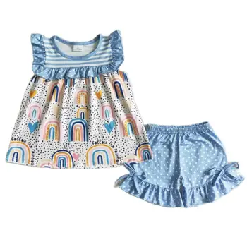 Летняя Новая одежда Оптом Для детей, топ в полоску, Шорты в синий горошек для малышей, Комплект детской одежды