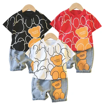 Летняя футболка с мультяшным медведем, Шорты, Хлопчатобумажная одежда для мальчиков и девочек, Roupa Kids, Комплекты из 2 предметов, Спортивная одежда для малышей, Детская одежда