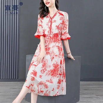 Мать среднего возраста, Лето 2023, Новое женское модное Темпераментное платье с красным принтом и короткими рукавами.