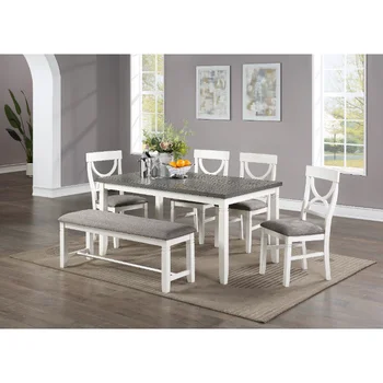 Мебель для гостиной Белый Обеденный стол из 6 предметов, 4 приставных стула и Скамейка из Каучукового дерева, МДФ, белое Каучуковое дерево [США