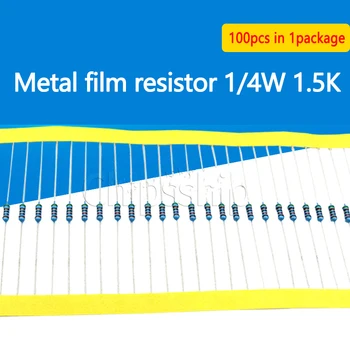 Металлический пленочный резистор 1,5 К 1/4 Вт, 1% пятицветный кольцевой резистор 0,25 Вт в оплетке, упаковка из 100