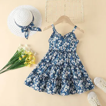 Модное летнее платье с цветочным узором для маленьких девочек, детское платье-пачка с солнцезащитной шляпой, платье-слинг для девочек, платья для торта для 6-летних девочек