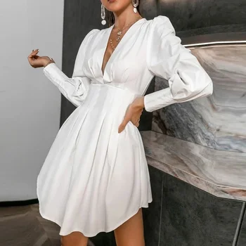 Модное плиссированное офисное вечернее платье с высокой талией 2023, новое повседневное женское однотонное мини-платье, женское платье-рубашка с глубоким V-образным вырезом и длинным рукавом
