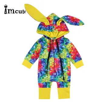 Модные весенние и осенние мальчики и девочки флуоресцентного цвета с заячьими ушками, с капюшоном, на молнии, цельный милый детский костюм, одежда