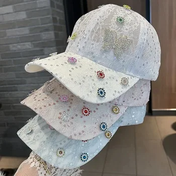 Модные Женские Кружевные Дышащие Солнцезащитные Шляпы С Блестками, Летние Милые Бейсбольные Шляпы Со Стразами И Бабочкой, Casquette Girl Gorras, Шапки