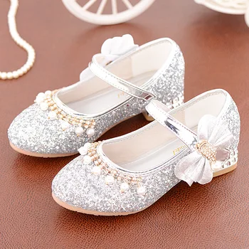 Модные туфли принцессы для девочек 2023, Новые детские хрустальные туфли с бантом и блестками, Кожаные туфли для девочек на толстом каблуке,
